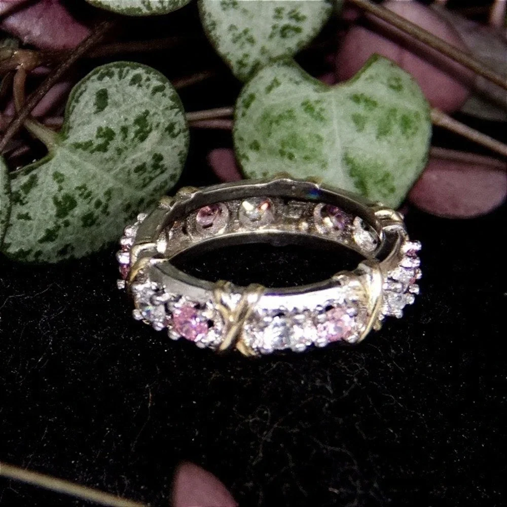 Sterling Silver Pink Clear CZ Eternity Band Ring‎ Size 7 S925 X Kiss Motif